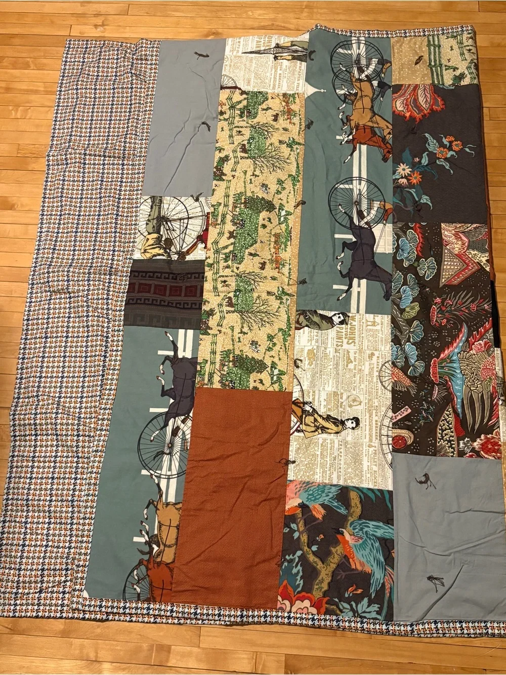 Patchwork Quilted Throw Blanket in Rust, Teal & Gray – Handmade Style